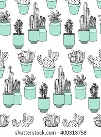 Seamless  pattern from different  hand drawn cactus and succulents in flower pot.Scandinavian style.Background in vector.