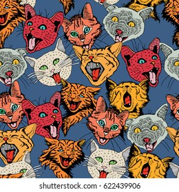 Seamless Pattern of Different Hand Drawn Heads Cat.