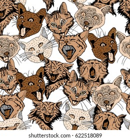 Seamless Pattern of Different Hand Drawn Heads Cat.