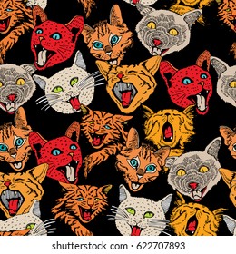 Seamless Pattern of Different Hand Drawn Heads Cat.