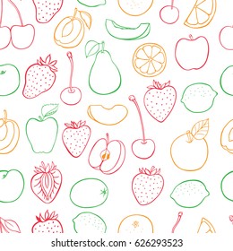 Seamless pattern of different hand drawn fruit icons: apple, pear, strawberry, orange, peach,  banana, watermelon, pineapple,  cherry,  lemon, mango. Vector illustration, isolated on white.