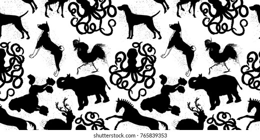Seamless Pattern with Different Hand Drawn Animals. Black and White illustration.