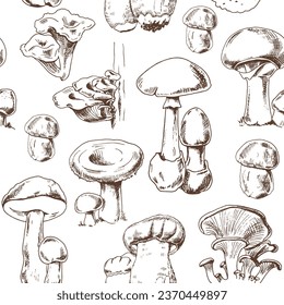 Seamless pattern of different hand-drawn  mushrooms. Sketch illustration for print, web, mobile and infographics.