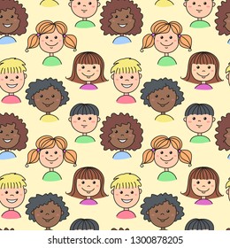 Seamless pattern of different happy children. Vector cartoon background.