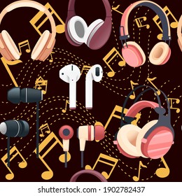 Seamless pattern of different headphones wireless and wired vector illustration on dark background
