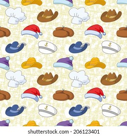Seamless pattern of different heads designs on abstract background, Santa Claus, sheriff, musketeer, captain, cook and others. Vector