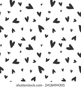 Patrón sin foco de diferente corazón. Ilustración monocroma en blanco y negro. Resumen de fondo de corazones aleatorios. Patrón de amor para papel de envoltura, papel tapiz, impresión