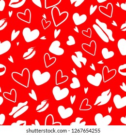 Seamless pattern. Different hearts and lips. Drawing in flat style. Red background. Vector 