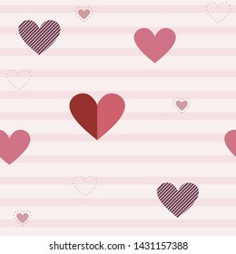 Seamless pattern with different hearts on horizontal striped background for using fabric, gift warp, wallpaper, interior decoration.
