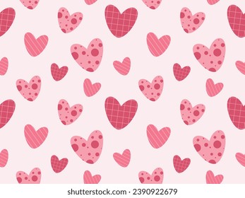 Seamless pattern with different hearts on a white background. Vector background in 1970s-1980s retro hippie style for printing on textiles, wrapping paper, web design and social media.