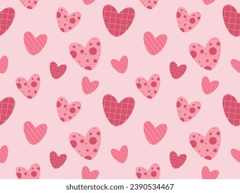 Seamless pattern with different hearts. Vector background in 1970s-1980s retro hippie style for printing on textiles, wrapping paper, web design and social media. Pink colors.
