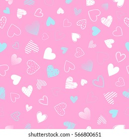 Seamless pattern with different hearts.Romantic illustration perfect for design greeting cards, prints, flyers,cards,holiday invitations and more.Vector Valentines Day card.