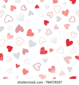 Seamless pattern with different hearts.Romantic illustration perfect for design greeting cards, prints, flyers,cards,holiday invitations and more.Vector Valentines Day card.