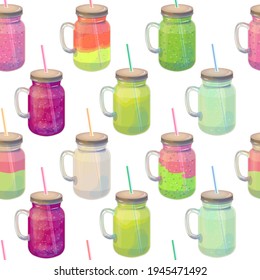 Seamless pattern with different herbal healthy smoothies. Endless texture with traditional eco drink. Illustration can be used for restaurant and cafe menu and food projects.
