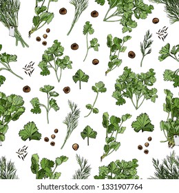 Seamless pattern of different herbs and spices. Hand drawn ink and colored sketch isolated on white background. Vector illustration.