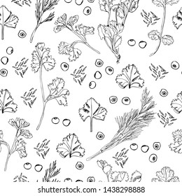 Seamless pattern of different herbs and spices. Hand drawn ink sketch isolated on white background.