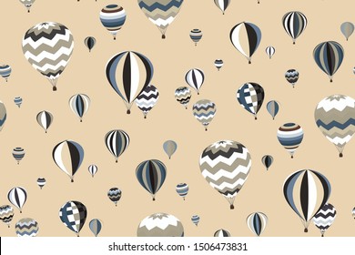 Seamless pattern with different hot air balloons on light brown background. Flat cartoon vector illustration in vintage style. World travel collection.