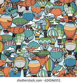 Seamless Pattern of Different Hot Air Balloons in the Sky. Hand Drawn illustration in Retro Style.