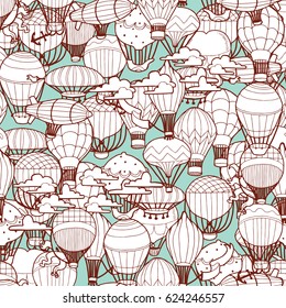 Seamless Pattern of Different Hot Air Balloons in the Sky. Hand Drawn illustration in Retro Style.