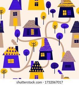 Patrón sin foco con casas diferentes. Resumen de la ilustración del paisaje de la ciudad