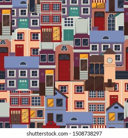 Seamless pattern of different houses along the street. Spring street. Colorful residential house. Home Flat style vector illustration