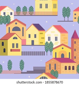 Patrón sin foco con casas diferentes. Antecedentes arquitectónicos. Ilustración vectorial.