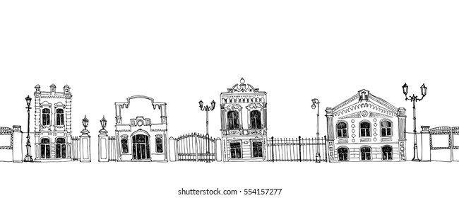 seamless pattern with different houses, background with line drawing mansions and fences, sketch of buildings, urban border, city streets ornament