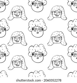 Seamless pattern with different human cartoon faces. Vector illustration in doodle style.