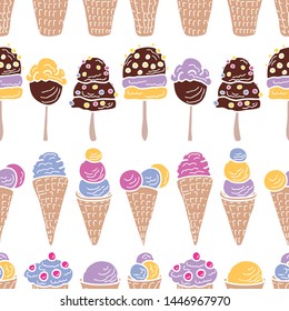 Seamless pattern of different ice cream in cups, cones and chocolate popsicle