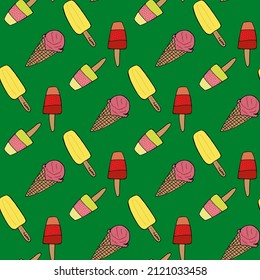 Seamless pattern with different ice cream on green background. Vector image. 
