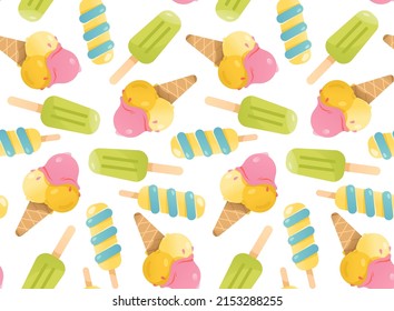 Seamless pattern with different ice cream. Ice cream in a cone, ice cream on a stick. Summer background. Vector illustration