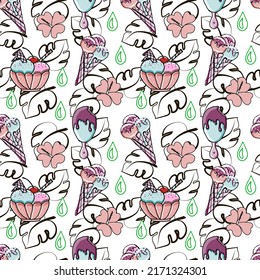 Seamless pattern of different ice cream, hand-drawn doodles. Bright colors. Cartoon style. Ice cream in a cone, on a stick and in a bowl. Tropics. Summer. 