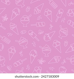 Seamless pattern with different ice cream, white line on pink background. Chaotic balls and soft serve gelato in waffle cone, popsicle on stick. Vector design for wrapper, paper dishes print.