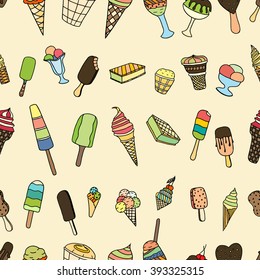 Seamless pattern with different ice cream. Set of ice-cream. Cute pattern with melting ice cream in a waffle cone