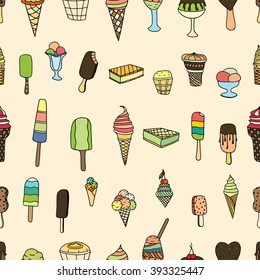 Seamless pattern with different ice cream. Set of ice-cream. Cute pattern with melting ice cream in a waffle cone