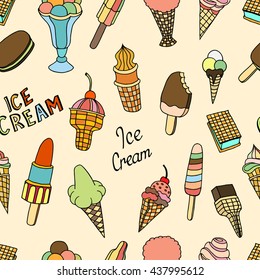Seamless pattern with different ice cream. Set of ice-cream. Cute pattern with melting ice cream in a waffle cone