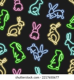 Seamless pattern of different icons for Christmas,New Year 2023,shop,veterinary concept. Vector illustration of neon colorful rabbits bunnies.
