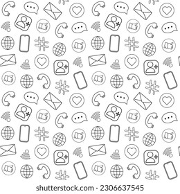 Seamless pattern with different icons for social media, webpages, advertising background, textile, and T-shorts print. Mobile phone, "like" sign, message, add friends, hashtag, heart, chat, wi-fi icon