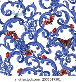 Seamless pattern with different insects and baroque elements. Vector