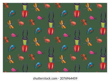 Seamless pattern of different insects: butterflies and beetles