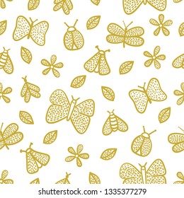 Seamless pattern of different insects drawn in gold and white color