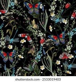 Seamless pattern with different insects and flowers. Vector