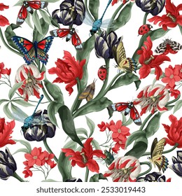 Seamless pattern with different insects and flowers. Vector