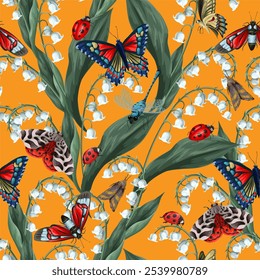 Seamless pattern with different insects and flowers. Vector