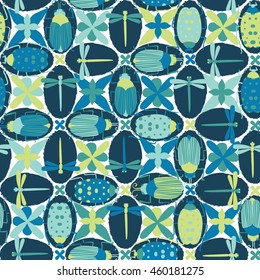 Seamless pattern with different insects. Vecto illustration