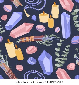 Patrón sin inconvenientes con diferentes elementos para prácticas espirituales, yoga o bienestar. Palos de barrido, cristales y piedras de cuarzo, velas y perlas. Ilustración vectorial dibujada a mano en estilo plano de moda.