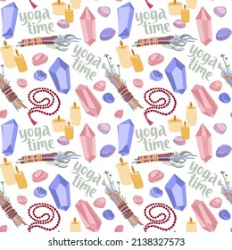Seamless pattern with different items for spiritual practices, yoga or wellness. Smudge sticks, quartz crystals and stones, candles and beads. Hand drawn vector illustration in trendy flat style.