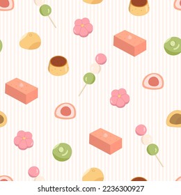 Seamless pattern with different japanese sweets like dango, mochi, wagashi, yokan, purin. Colorful asian desserts on the background with stripes