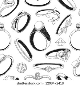 Seamless pattern with different jewelry rings. Vector