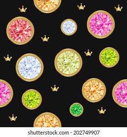 Seamless pattern with different jewels. Gemstone treasure background.